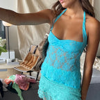VacationGrabs Sexy Halter Lace See Through Crop Top for Women Summer Backless Party Club Vest Tank Top Y2K Fashion Basic T-Shirt