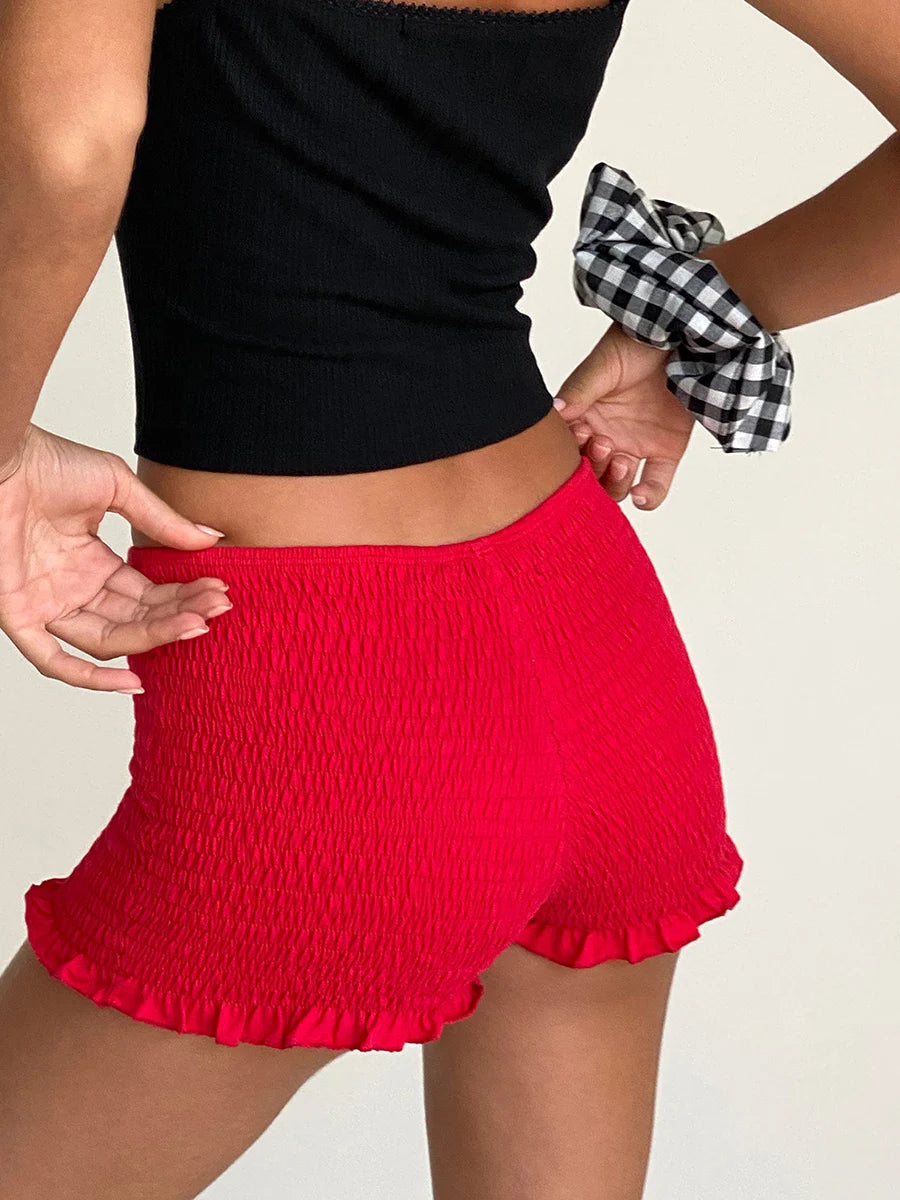 VacationGrabs Women Casual Lounge Shorts Sexy Low Waist Smocked Micro Shorts Shirred Mini Shorts Summer Y2k Pajama Shorts