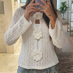 VacationGrabs 3D Floral Crochet Mesh Top Women Hollow See Through Flare Sleeve Keyhole Rose Button Cropped Knit Blouse Travel Dating