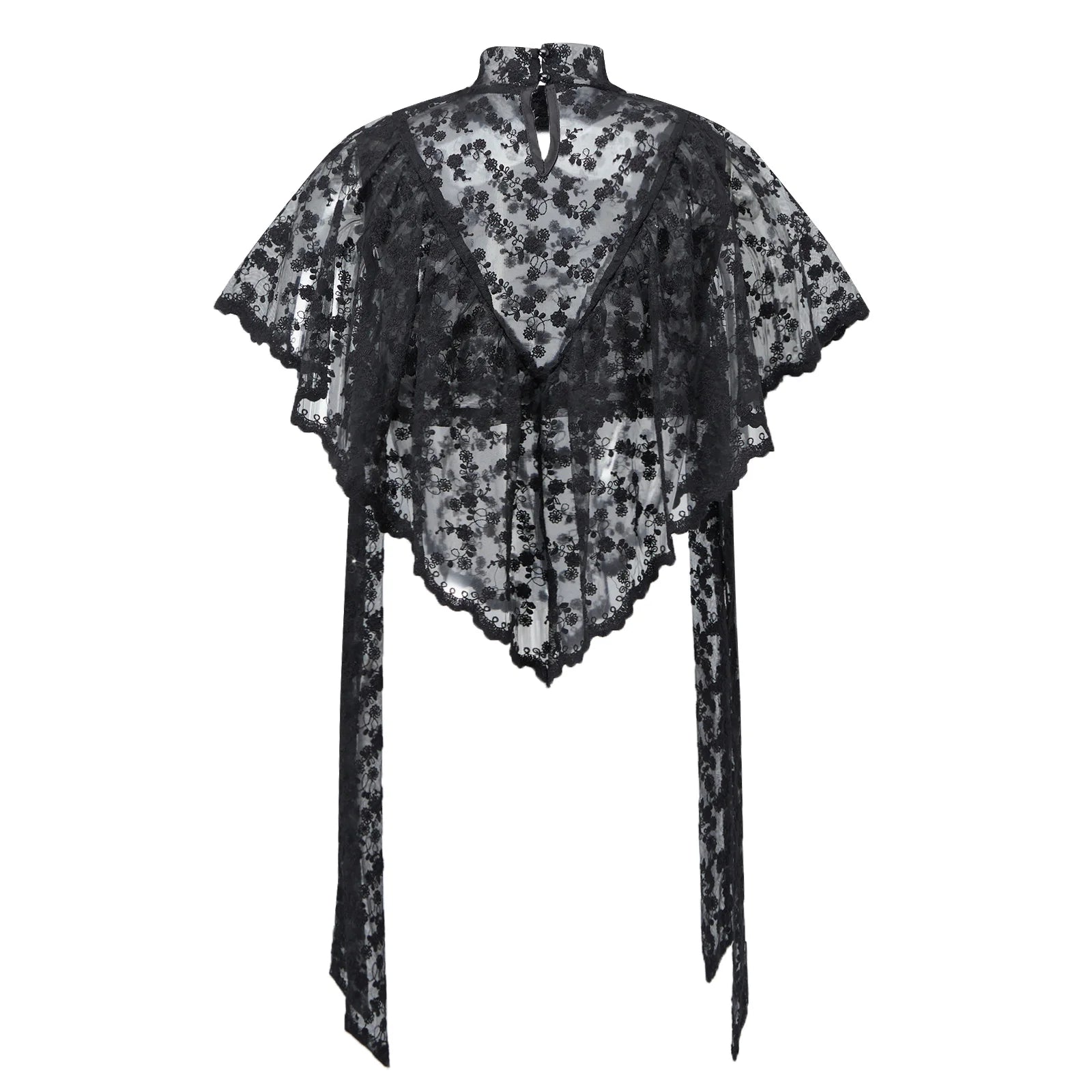 VacationGrabs Y2K Fairy Mesh See Through Casual High Neck Looseshawls Women Floral Lace Embroidery Shawl Tops Asymmetrical Streetwear