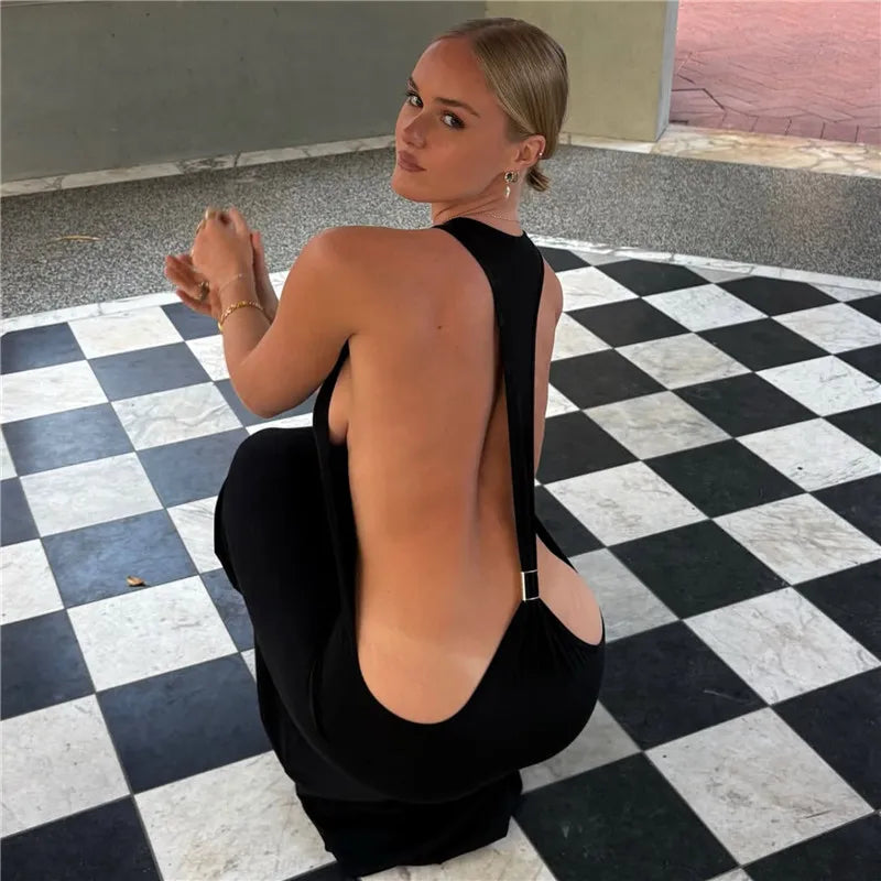 VacationGrabs Women Halter Neck Backless Maxi Dress Side Cutout Sleeveless Bodycon Long Dress Metal Buckle Detail Evening Party Gown