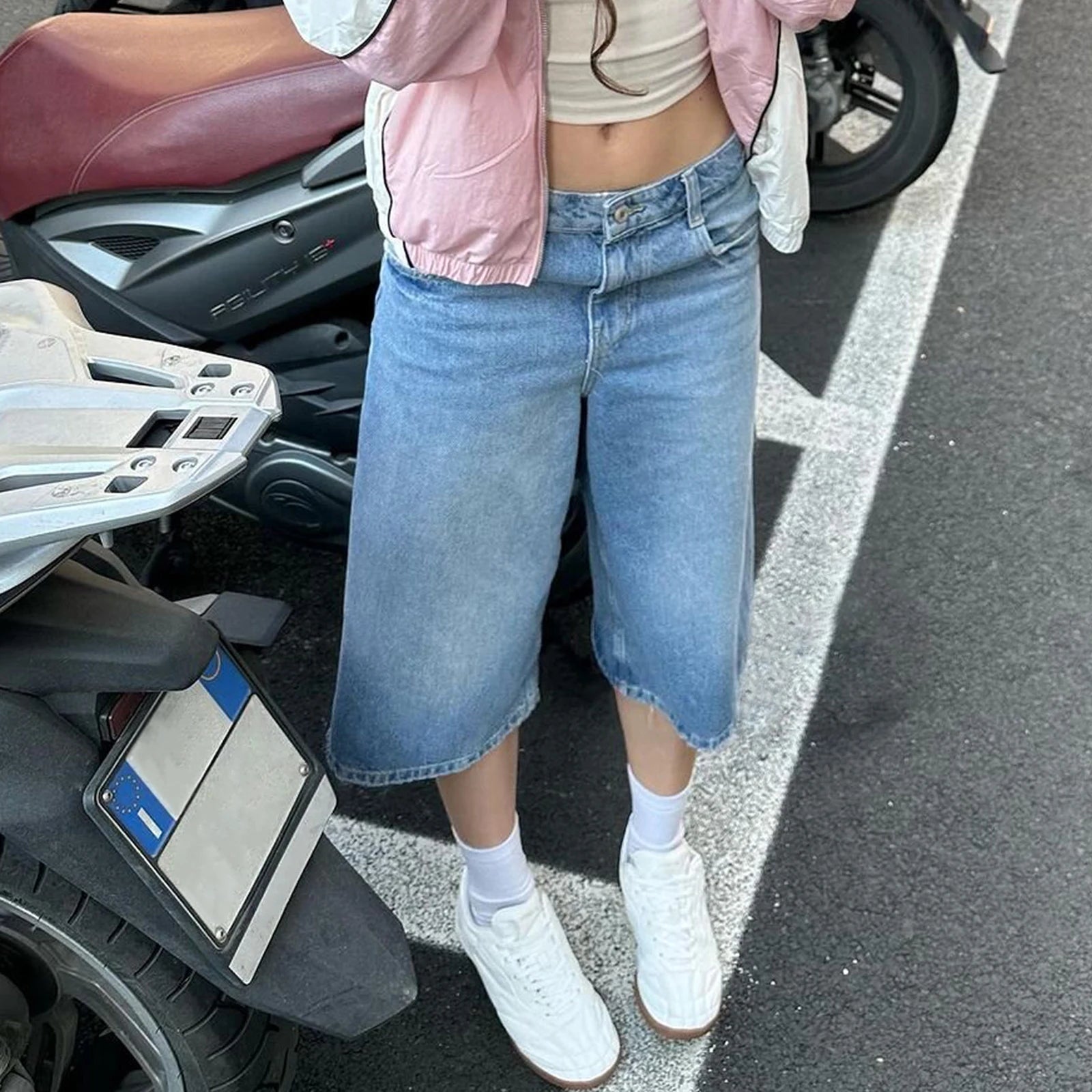 VacationGrabs Women Long Baggy Jean Shorts Y2k Vintage Straight Leg Casual Knee Length Denim Bermuda Shorts Jorts with Pockets