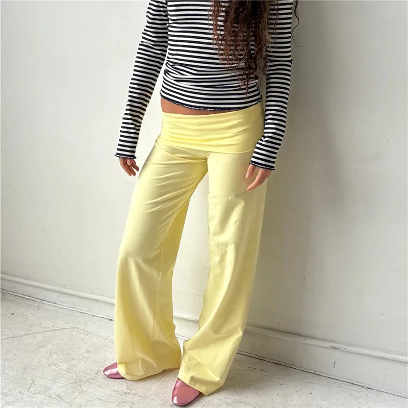 VacationGrabs Women Wide Leg Pants Solid Fold Over Waist Casual Trousers Spring Fall Straight Leg Sweatpants Bottoms Y2K Streetwear