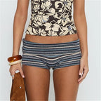 VacationGrabs Chic Striped Knit Shorts Low Waist Folded Waistband Bodycon Mini Shorts for Date Night and Elegant Summer Occasions