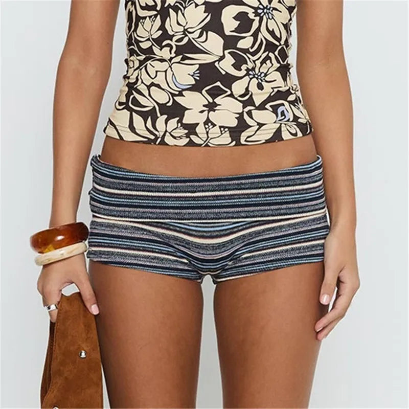 VacationGrabs Chic Striped Knit Shorts Low Waist Folded Waistband Bodycon Mini Shorts for Date Night and Elegant Summer Occasions