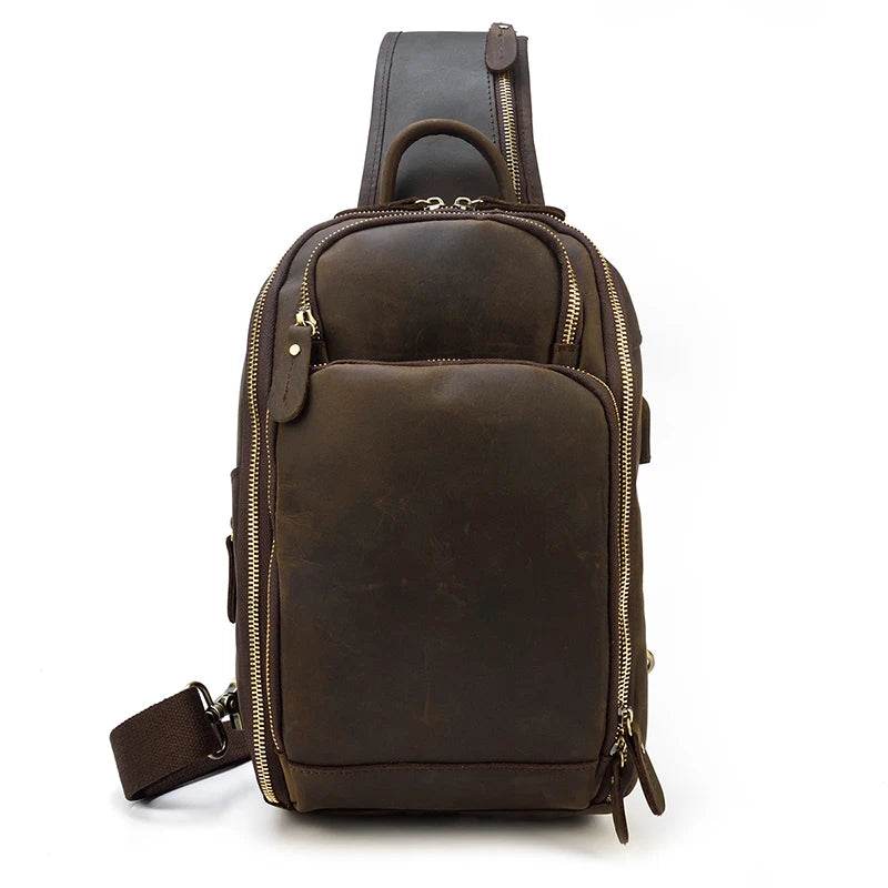 High-Quality Chest Bag USB Men Shoulder Sling Cowhide Leather - VacationGrabs