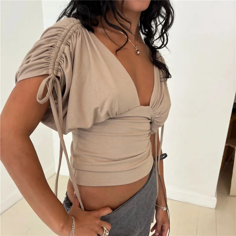 Women's V Neck Drawstring Ruched Short Sleeve Top Y2K Solid Slim Fit T-Shirt Elegant Backless Pleated Blouse Summer Streetwear