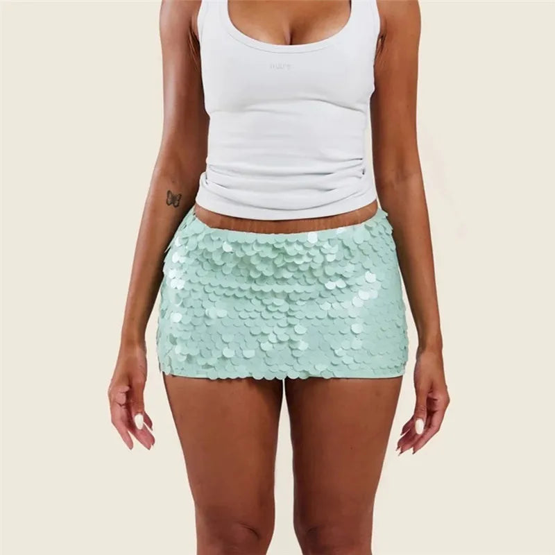 VacationGrabs Sexy Women Sequin Mini Bodycon Skirt Chic Ladies Low Waist Sparkly Short Skirt Trendy Summer Party Club Streetwear