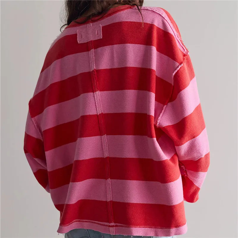 VacationGrabs Oversized Striped V Neck Raw Hem Cropped Sweatshirt Women Loose Long Sleeve Pullover Winter Autumn Casual Streetwear