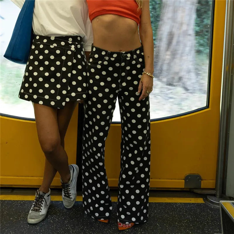 VacationGrabs Vintage American Polka Dot High Waisted Wide Leg Jeans for Women Retro Straight Leg Denim Pants Casual Streetwear