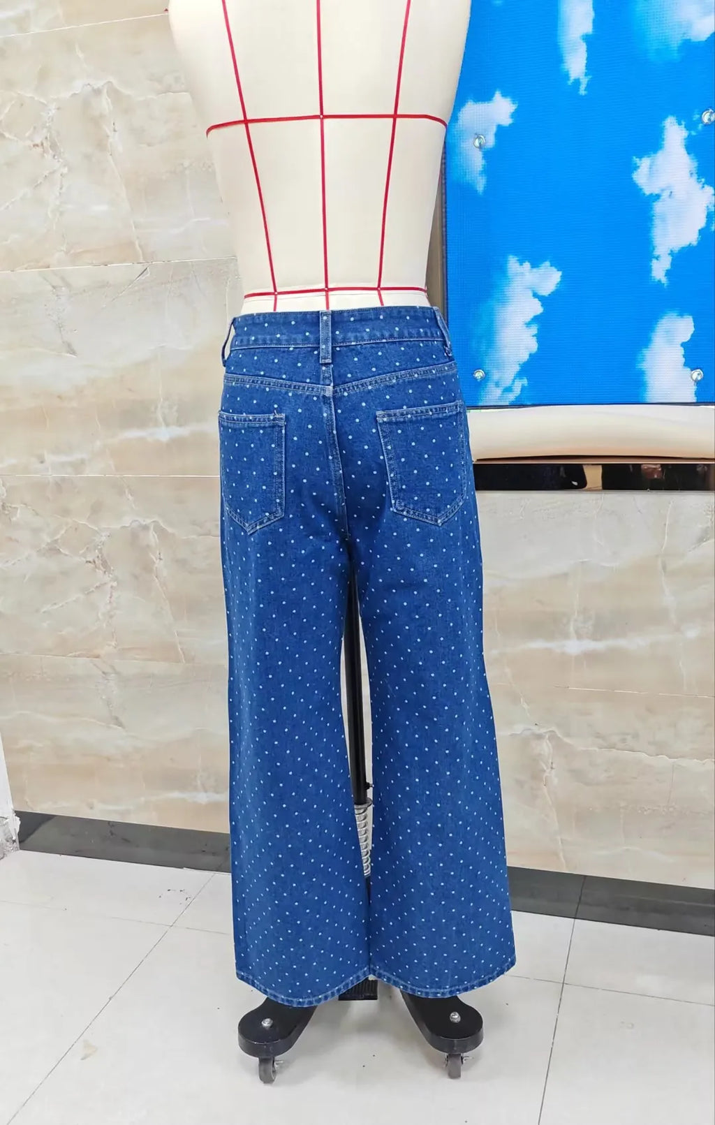 VacationGrabs Y2K Polka Dot Jeans Women Vintage Stretch Wide Leg Denim Pants Casual Distressed Baggy Boyfriend Jeans with Pockets