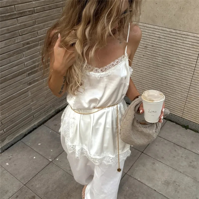 VacationGrabs Lace Trim Satin Cami Tank Tops for Women Spaghetti Strap Sexy V Neck Silk Camisole Going Out Party Club Shirts