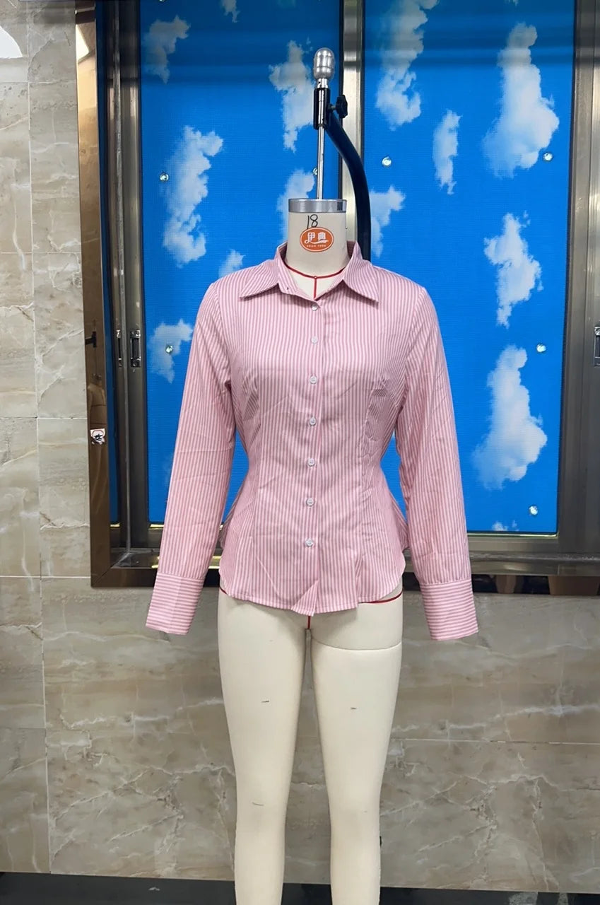 VacationGrabs Women Slim Fit Button Down Striped Shirt Long Sleeve Fitted Button Up Shirt Vintage Y2K Pinstripe Collared Blouse