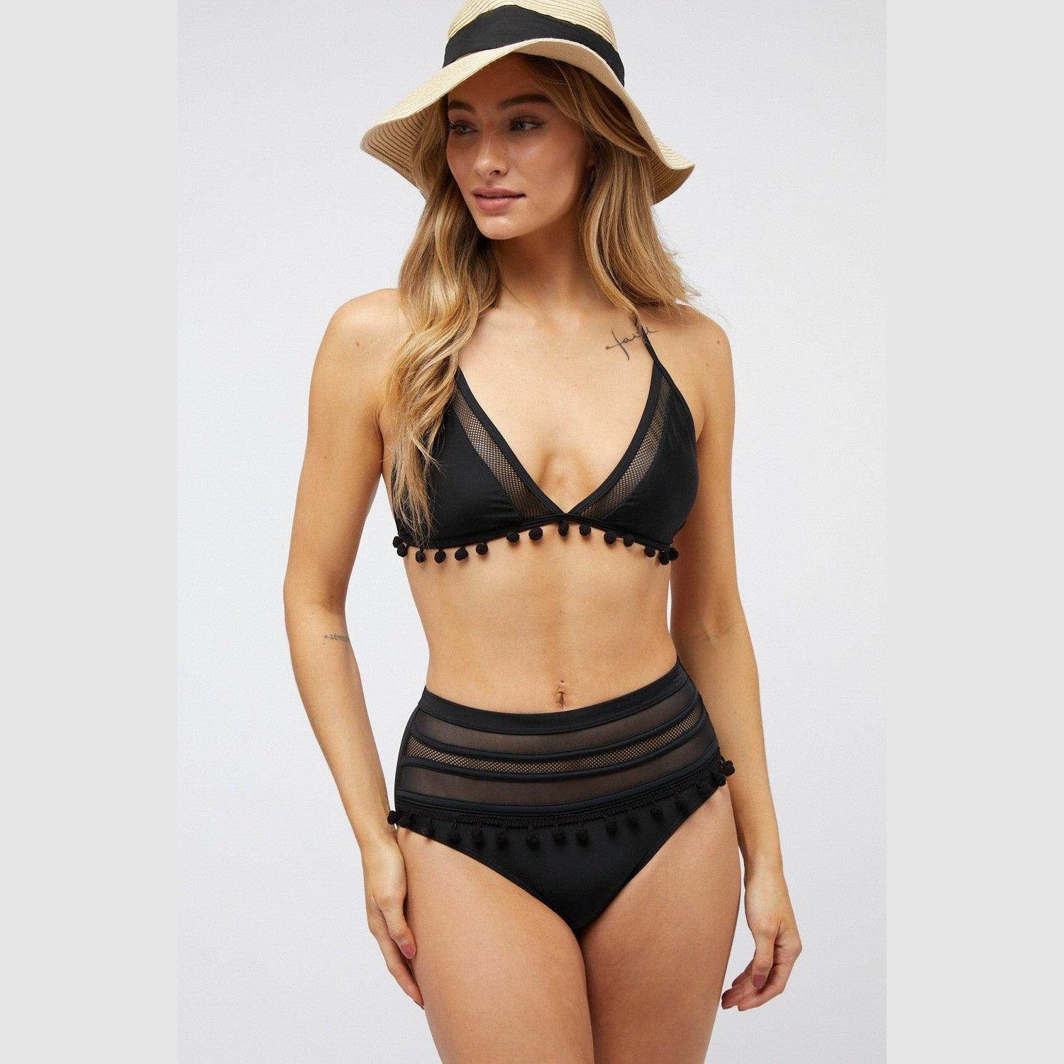 Solid Bikini Set With Pompom - VacationGrabs