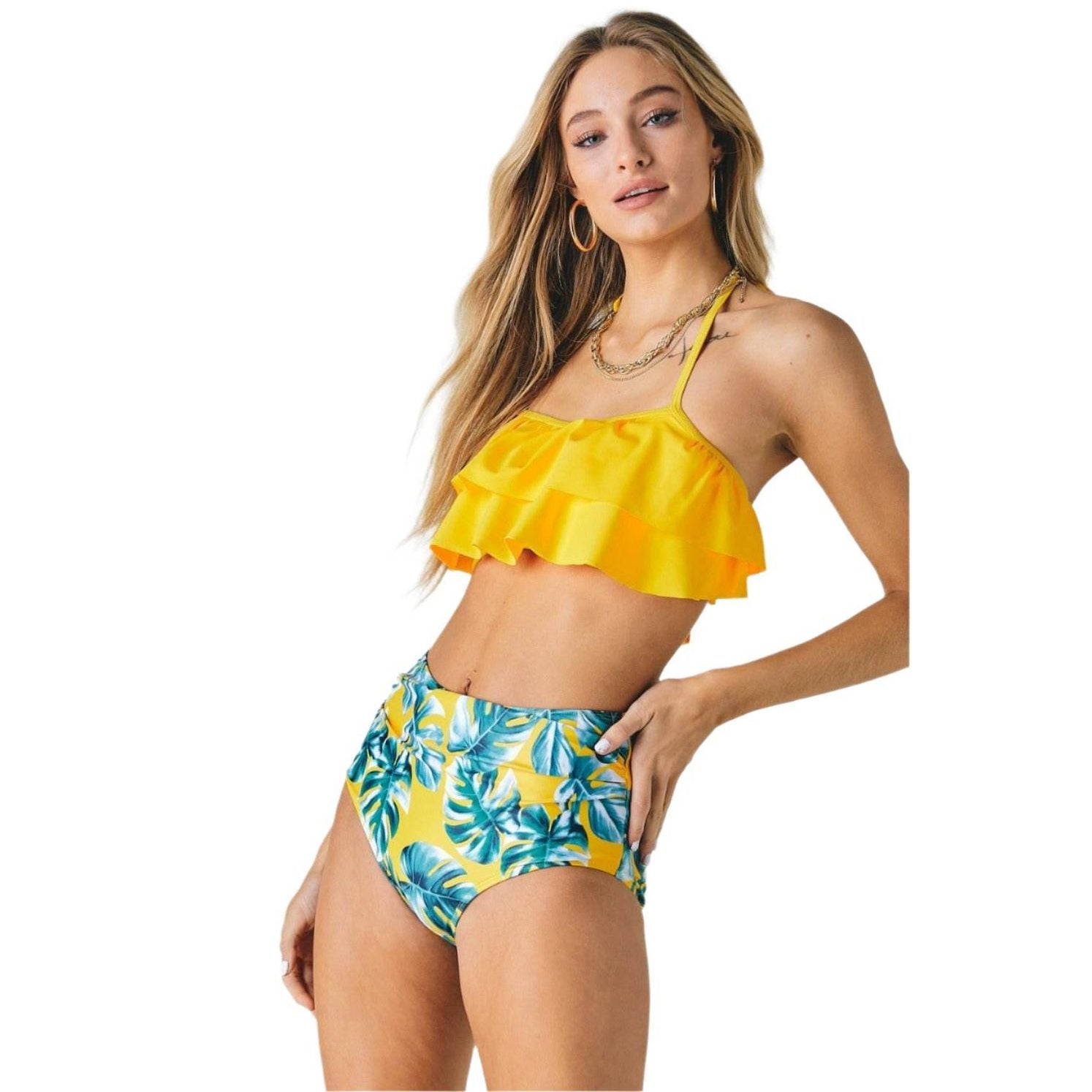Solid Ruffle Top And Printed Bottom Swimsuit - VacationGrabs