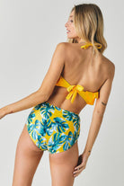 Women's Swimwear - 2PC Solid Ruffle Top And Printed Bottom Swimsuit