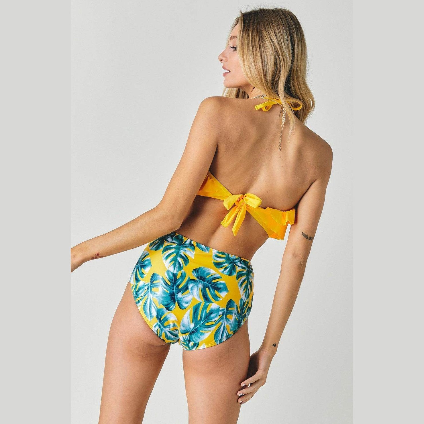 Solid Ruffle Top And Printed Bottom Swimsuit - VacationGrabs