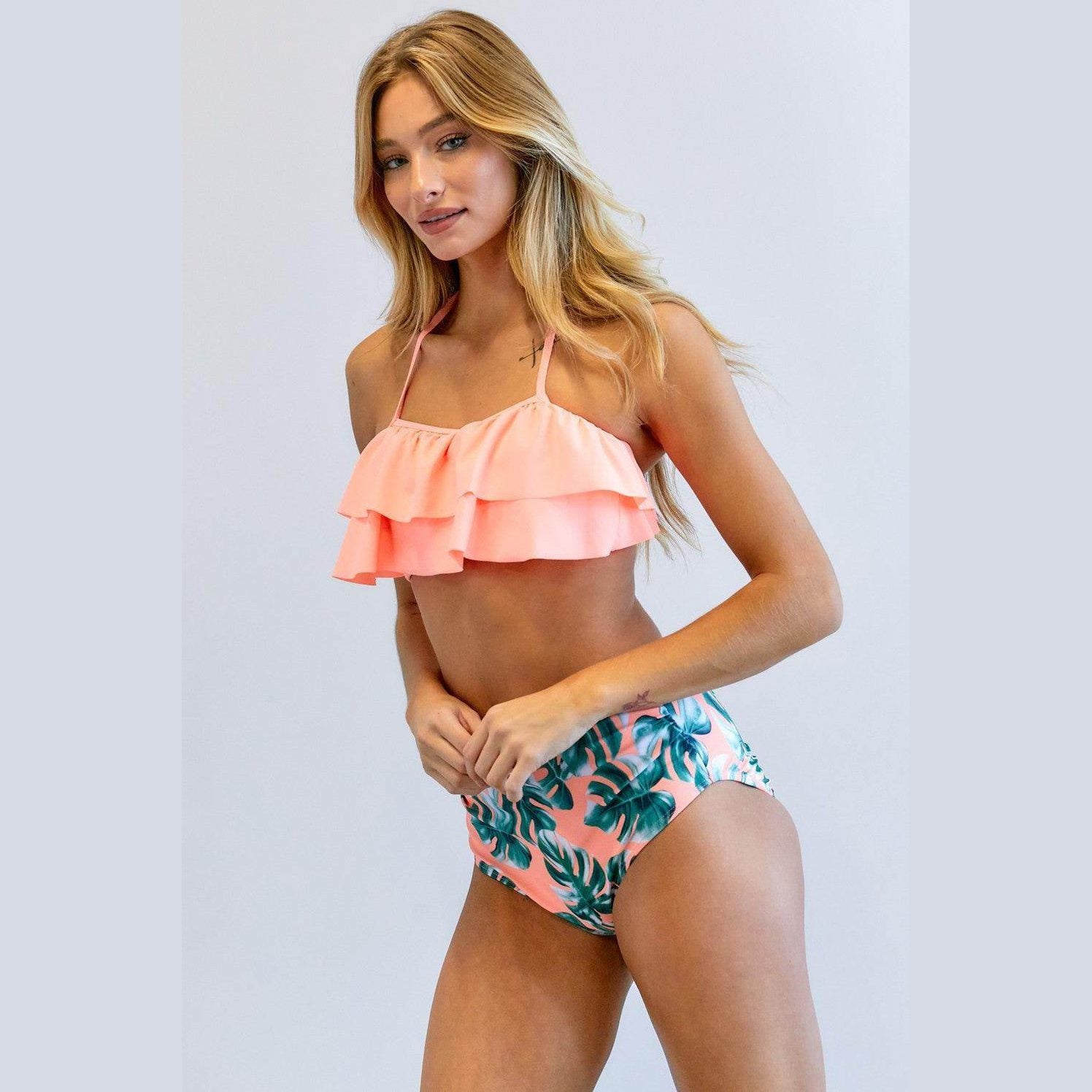 Solid Ruffle Top And Printed Bottom Swimsuit - VacationGrabs