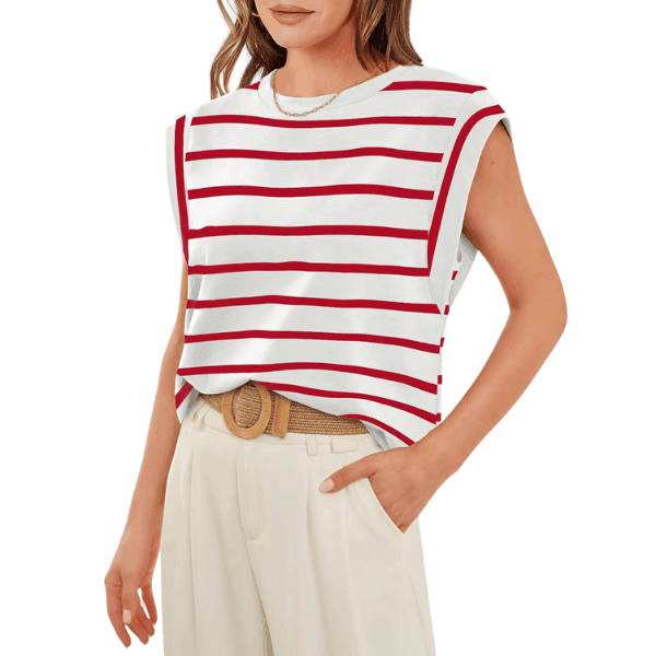 Striped Round Neck Cap Sleeve T-Shirt - VacationGrabs