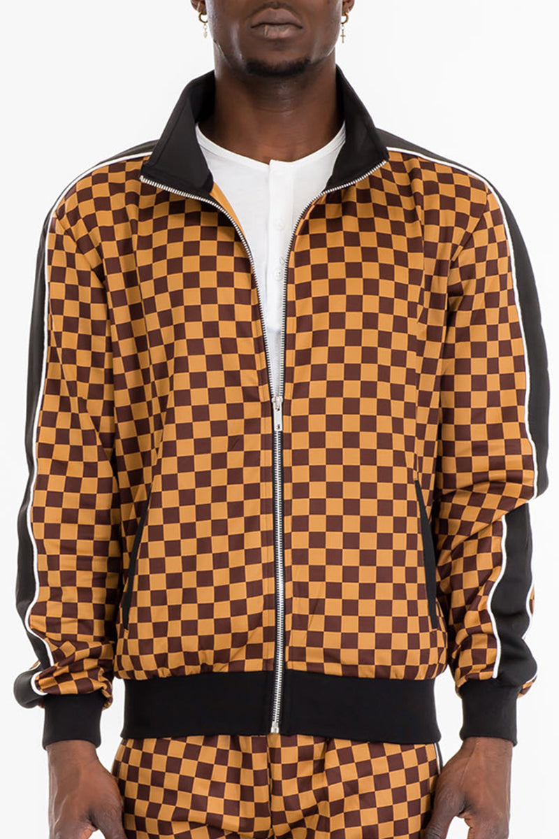 Checkered Track Jacket – Full Zip with Stripe Detail