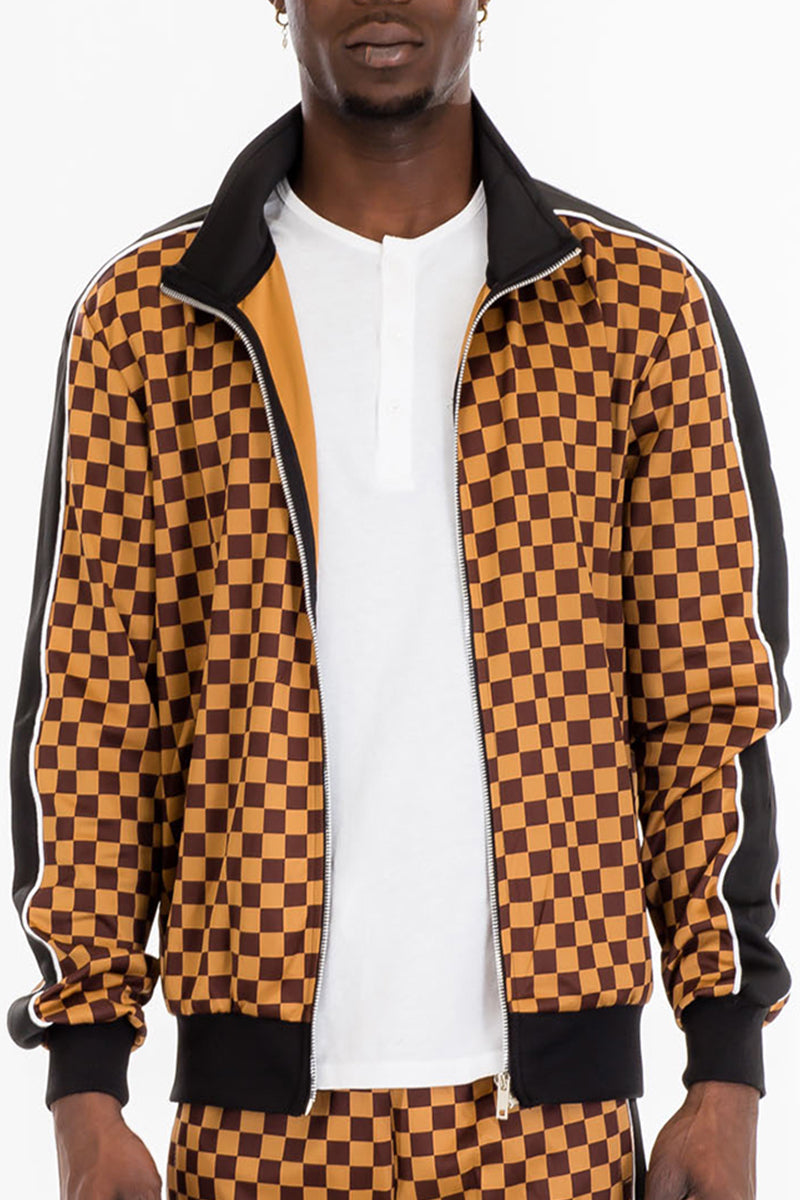 Checkered Track Jacket – Full Zip with Stripe Detail