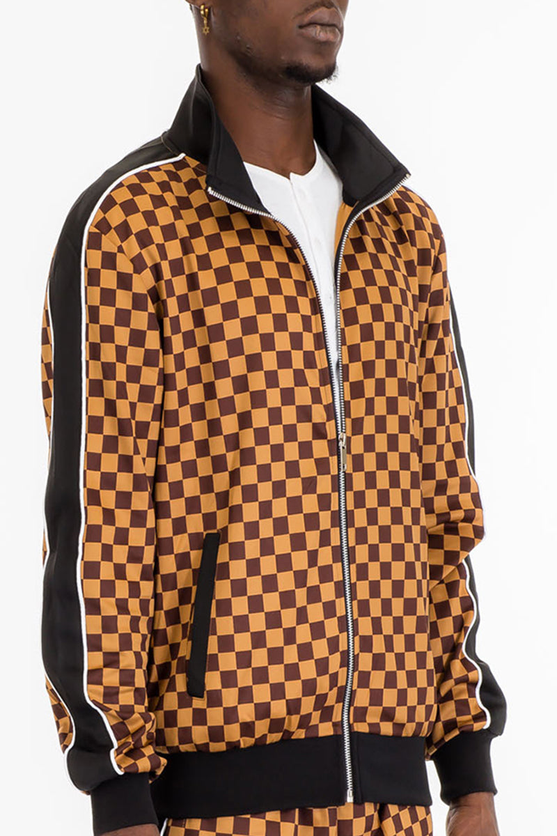 Checkered Track Jacket – Full Zip with Stripe Detail