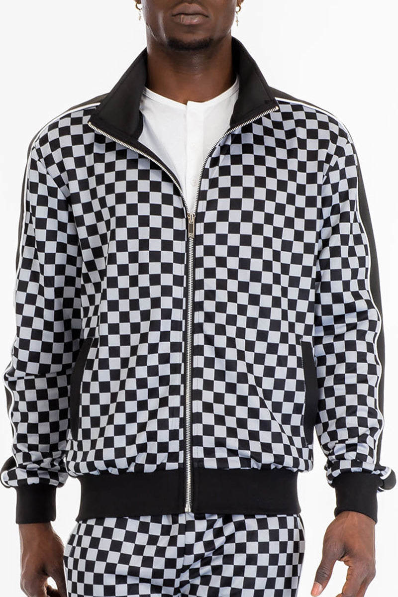 Checkered Track Jacket – Full Zip with Stripe Detail