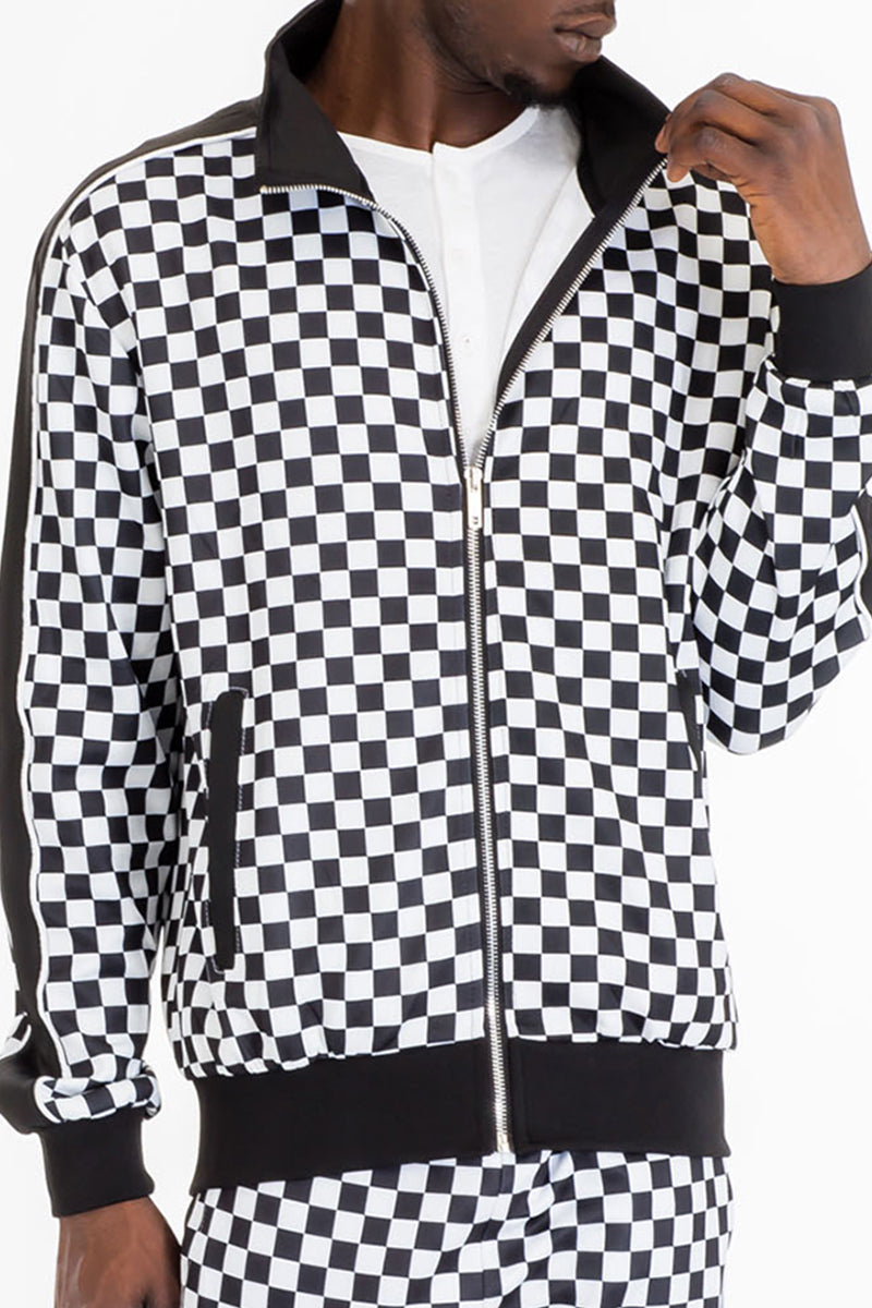 Checkered Track Jacket – Full Zip with Stripe Detail