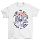 White t-shirt with a graphic design and text on a white background