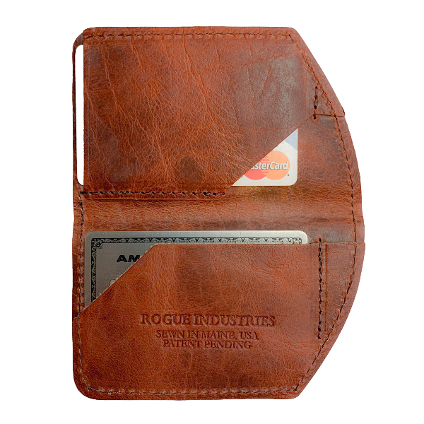 Brown leather wallet with card slots on a white background