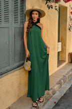Green summer off shoulder maxi dress from VacationGrabs styled with a straw hat and sandals