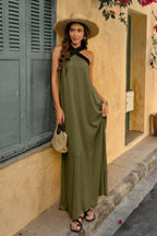 Stylish summer off shoulder maxi dress in olive green, perfect for warm-weather gatherings