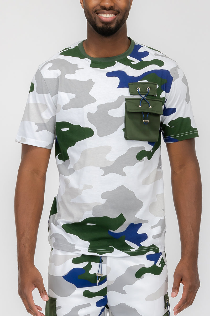 Full Camo Digital Print T-Shirt with Chest Toggle Pocket