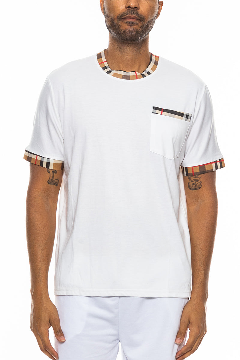 Checkered Detail T-Shirt with Plaid Collar & Pocket
