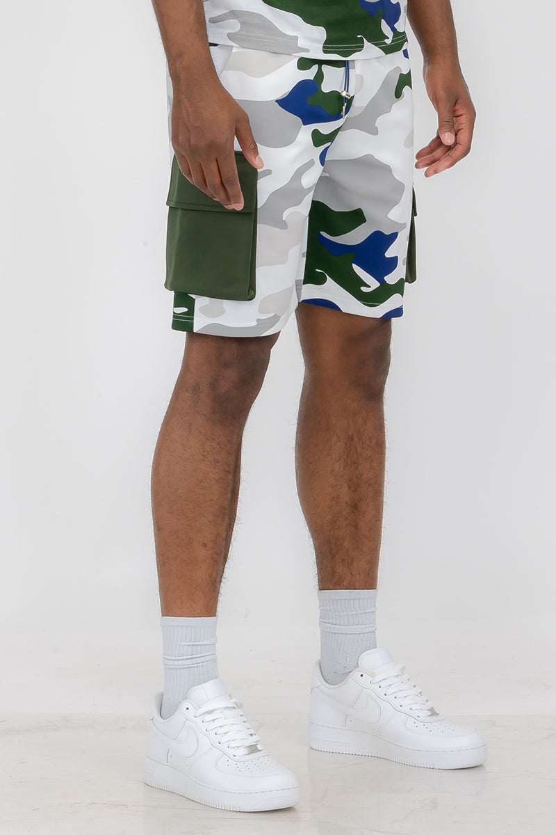 Full Camo Digital Print Cargo Shorts with Toggle