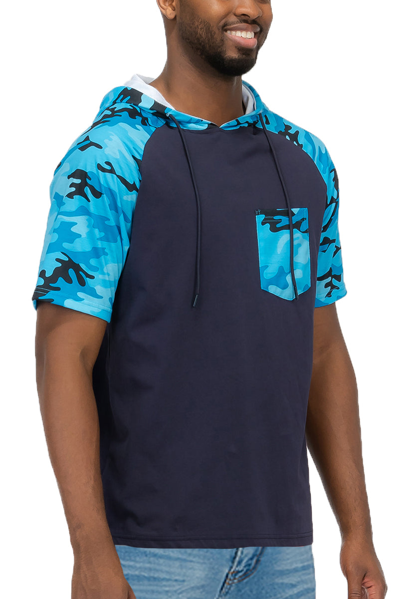 Camo Print Hooded Tee with Chest Pocket