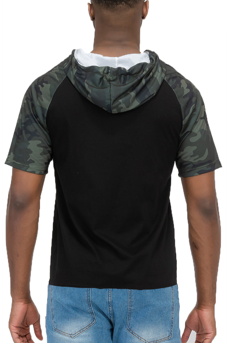 Camo Print Hooded Tee with Chest Pocket