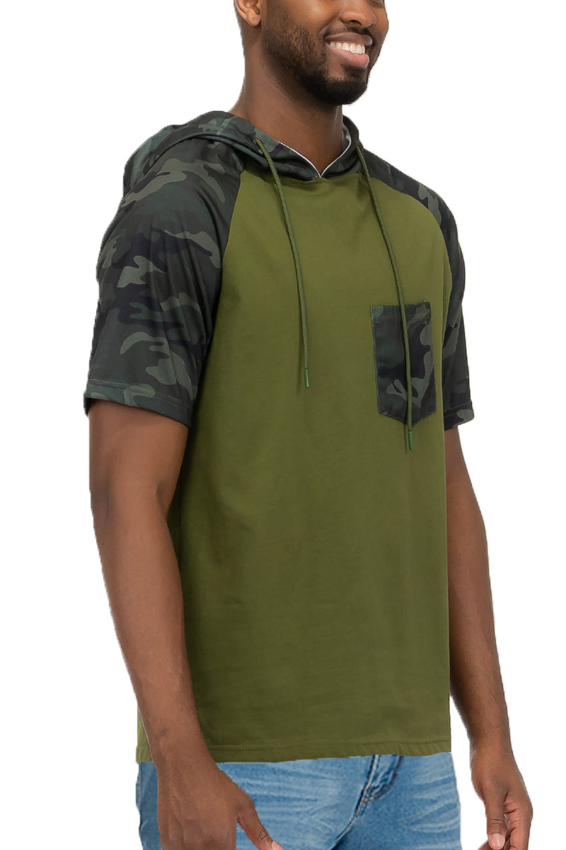 Camo Print Hooded Tee with Chest Pocket