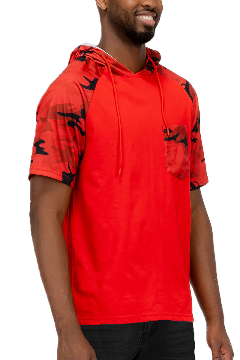 Camo Print Hooded Tee with Chest Pocket