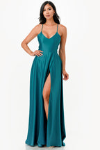 Open side back spaghetti zig zag tie stretch satin gown.