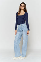 High Rise Wide Leg Jeans with Silver Glitter Effect