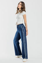 Mid Waist Relaxed Wide Leg Jeans with Side Checker Detail