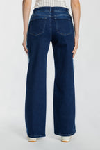 Mid Waist Relaxed Wide Leg Jeans with Side Checker Detail
