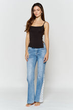High Rise Wide Leg Jeans with Side Lace Crochet Detail