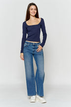 High Rise Ankle Wide Leg Jeans with Rhinestone Embellishments Along Side