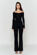 High Rise Slim Wide-Leg Jeans with Side Slit Rhinestone Detail