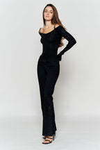 High Rise Slim Wide-Leg Jeans with Side Slit Rhinestone Detail