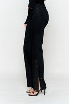High Rise Slim Wide-Leg Jeans with Side Slit Rhinestone Detail