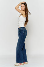 High Rise Belted Wide Leg Jeans with Buckle Closure