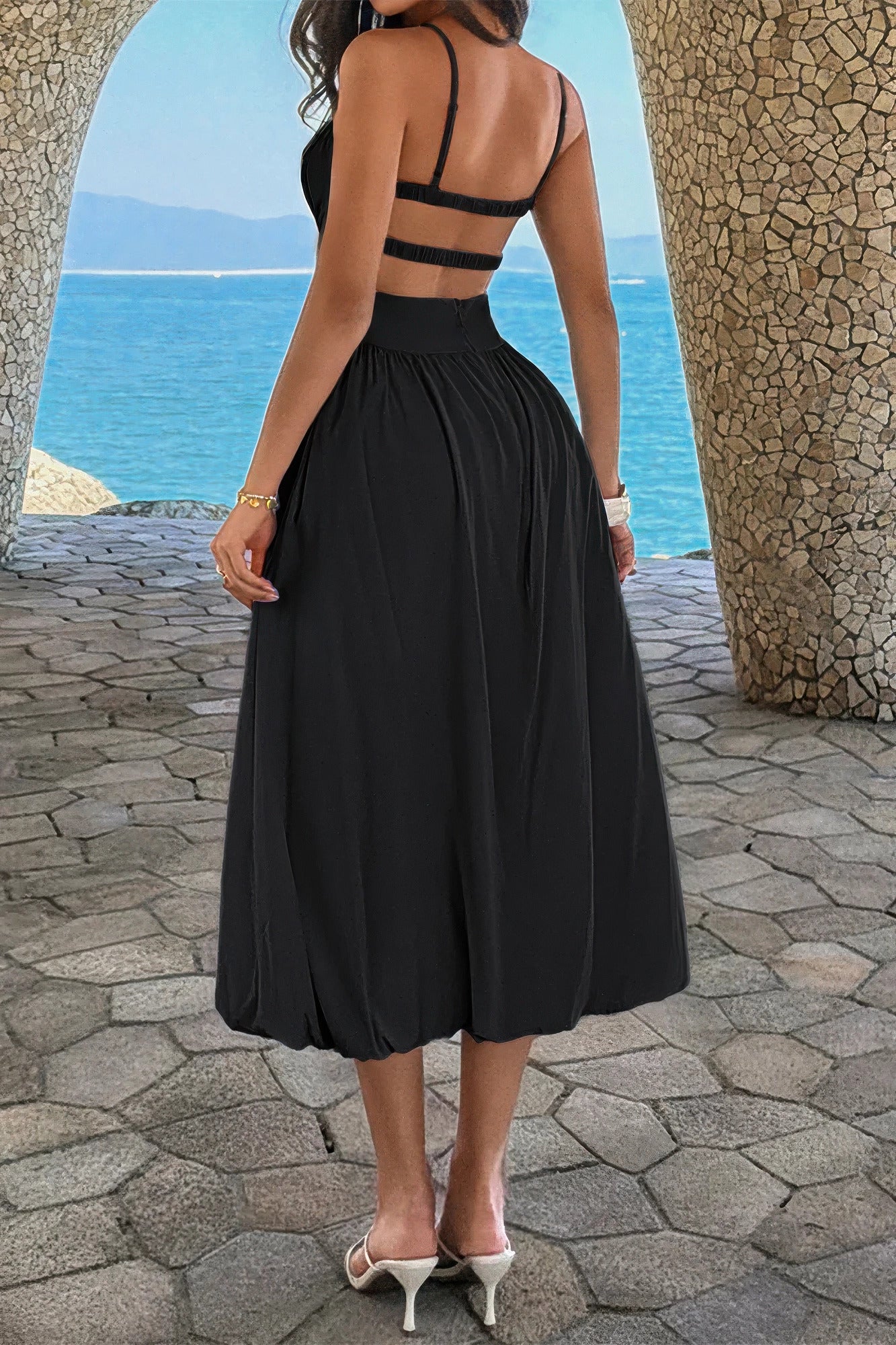 Women's black a-line dress wedding, lightweight fabric for outdoor events
